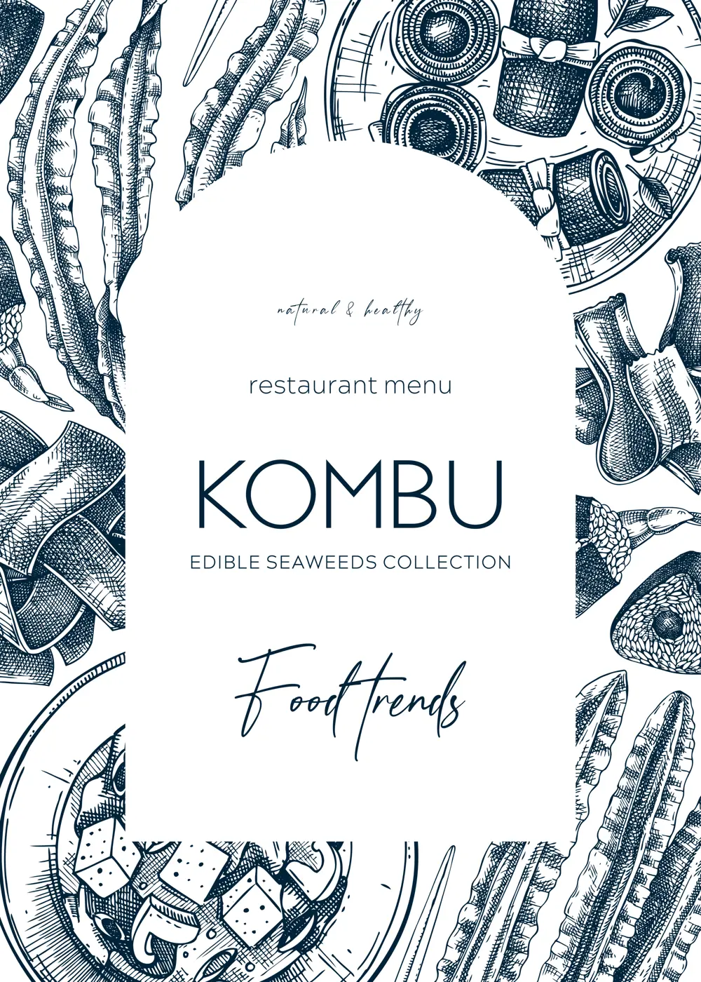 Hand-drawn Kombu arc design. Edible algae frame template. Sea vegetable vintage illustrations. Healthy food vector background with seaweed elements, ingredients and dishes sketches Illustration
